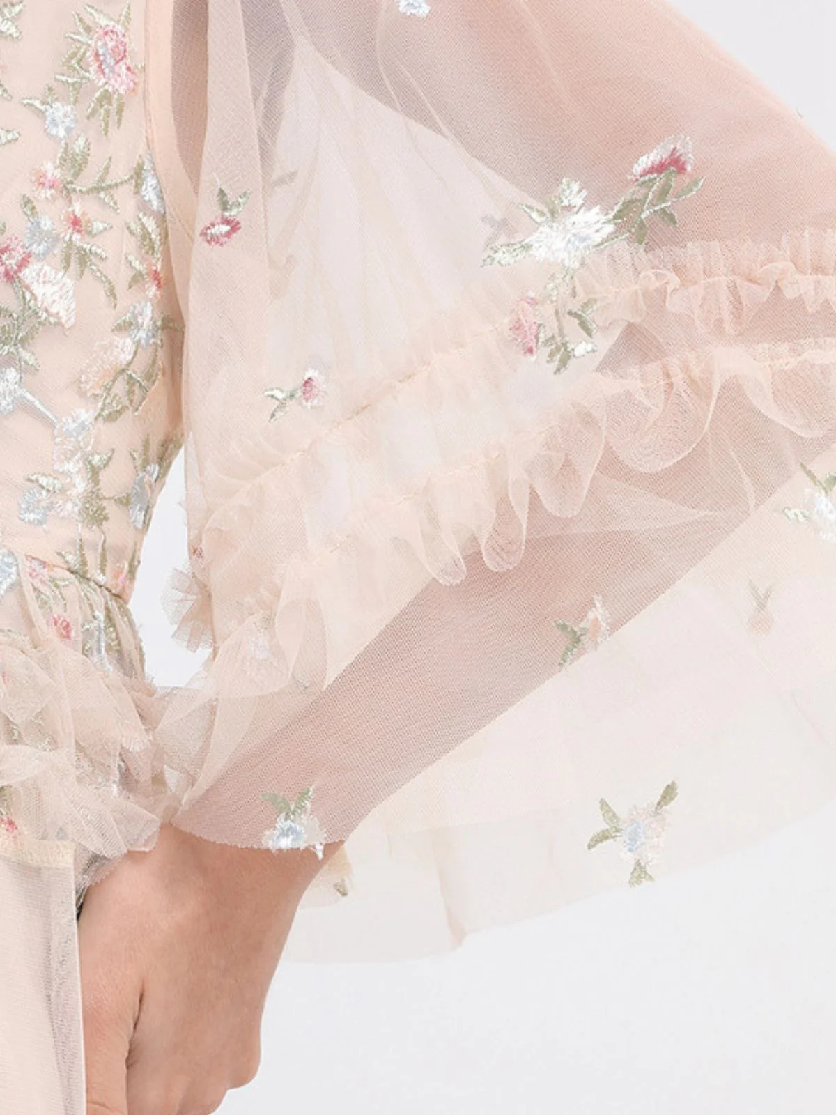 Beige 1930s Floral Embroidery Illusion Mesh Ruffled Dress - Image 6