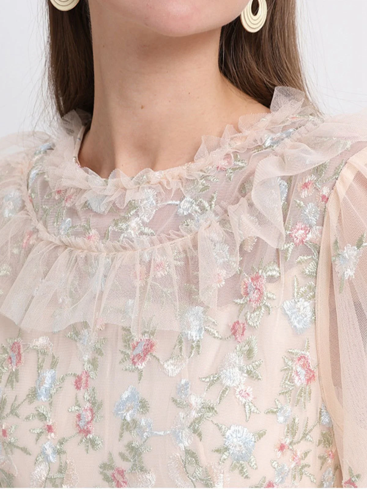Beige 1930s Floral Embroidery Illusion Mesh Ruffled Dress - Image 7
