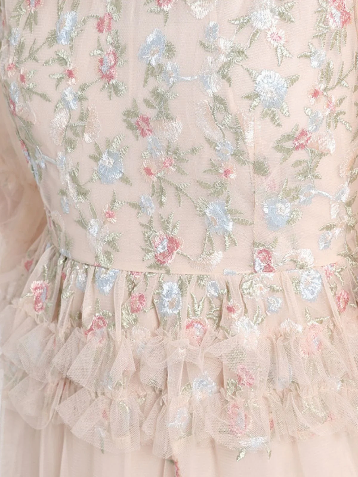 Beige 1930s Floral Embroidery Illusion Mesh Ruffled Dress - Image 8