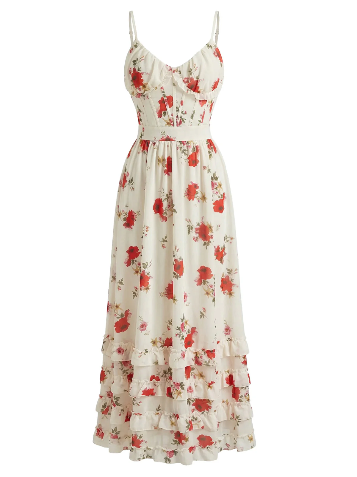 Beige 1930s Floral Ruffled Hem Slit Maxi Dress - Image 2