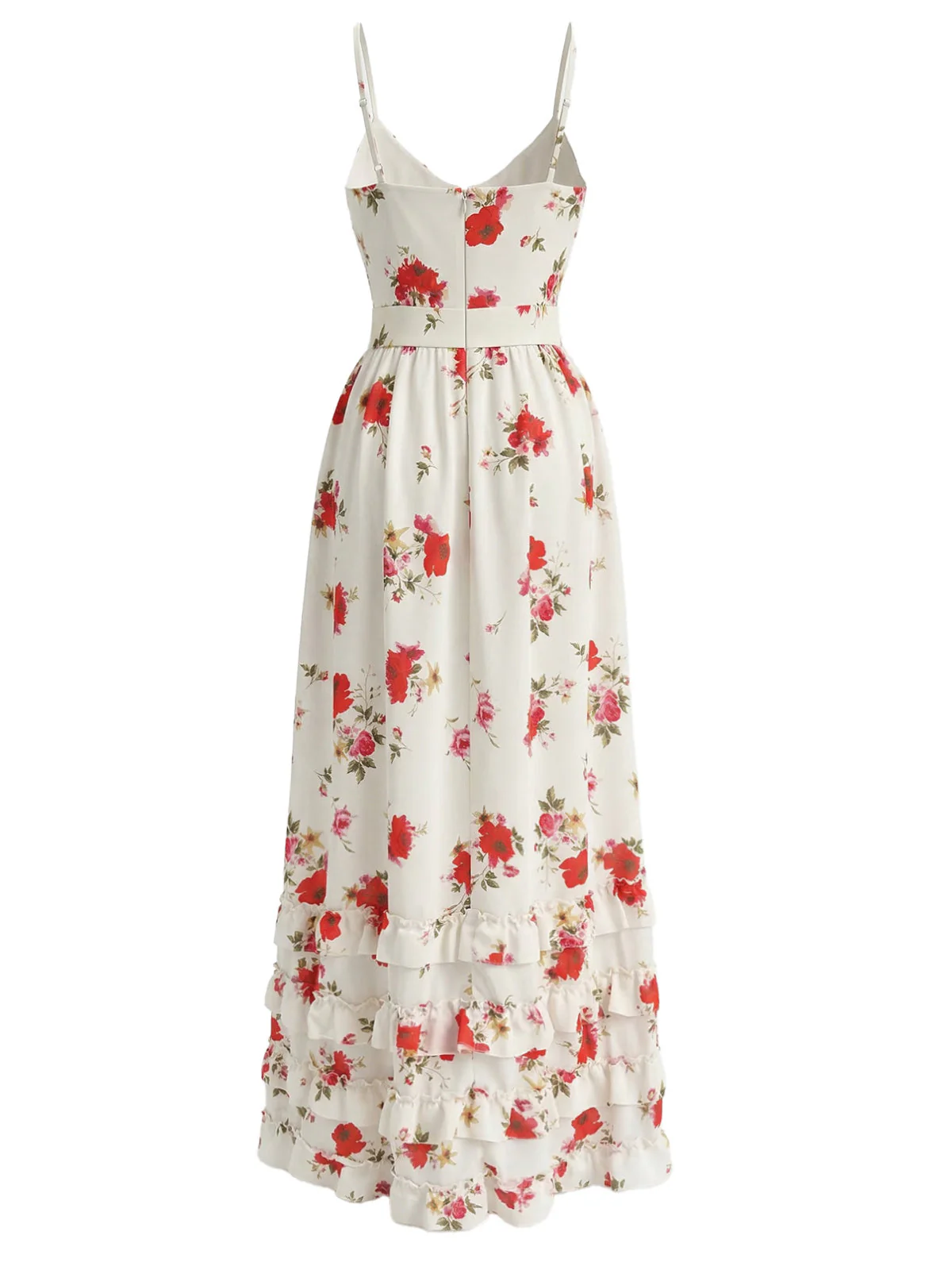 Beige 1930s Floral Ruffled Hem Slit Maxi Dress - Image 3