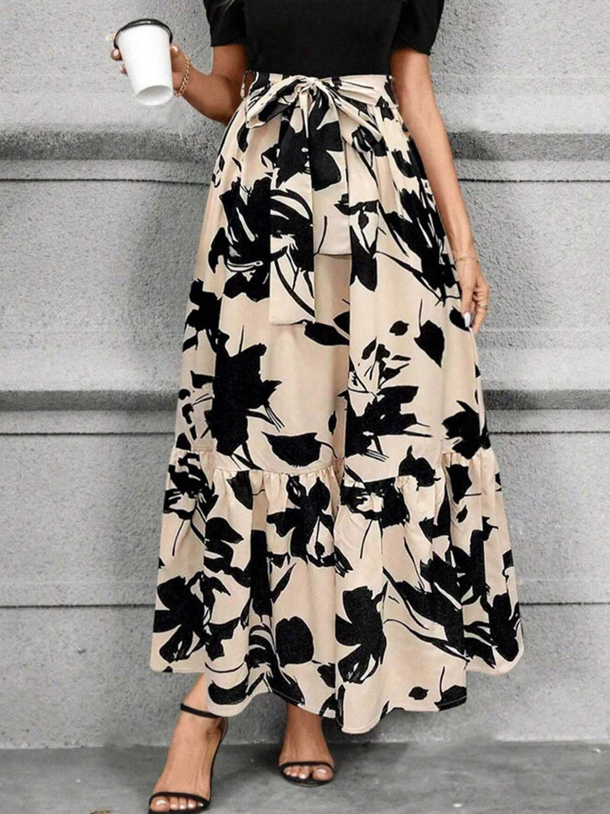 Beige 1930s Floral Silhouette A-Line Skirt - Image 4