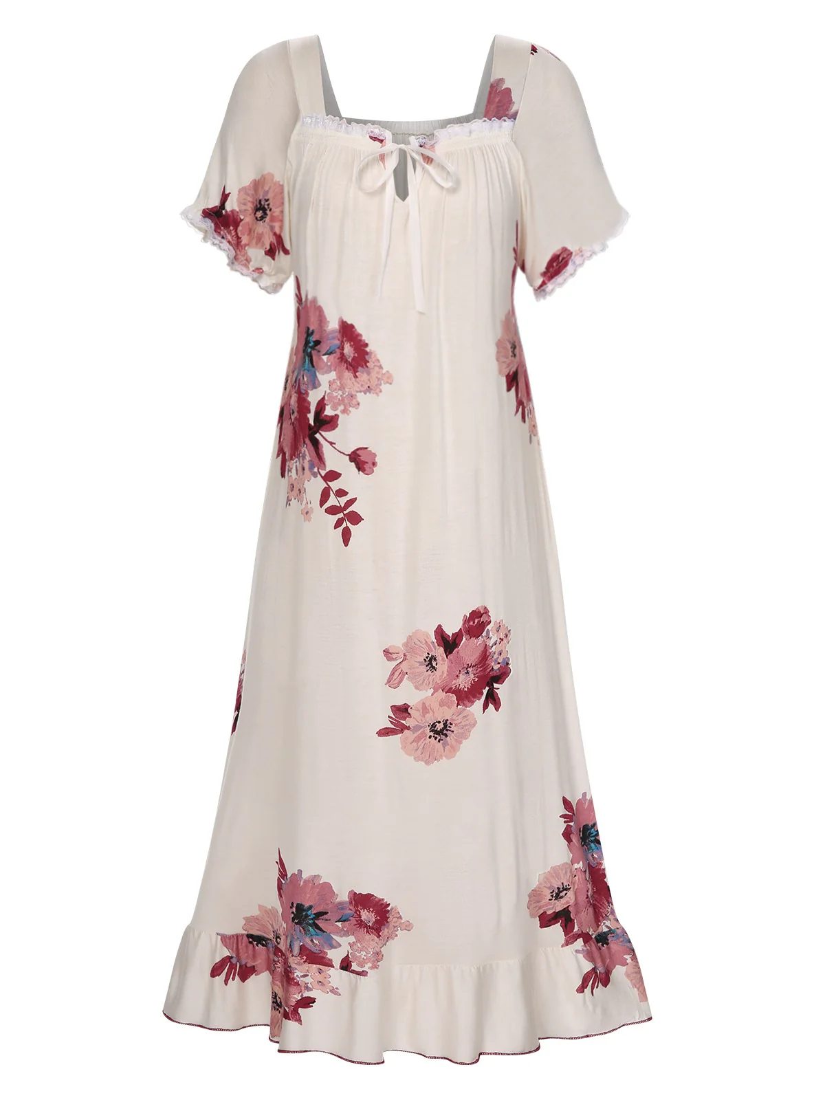 Beige 1930s Floral Square Collar Ruffles Puff Nightgowns - Image 2