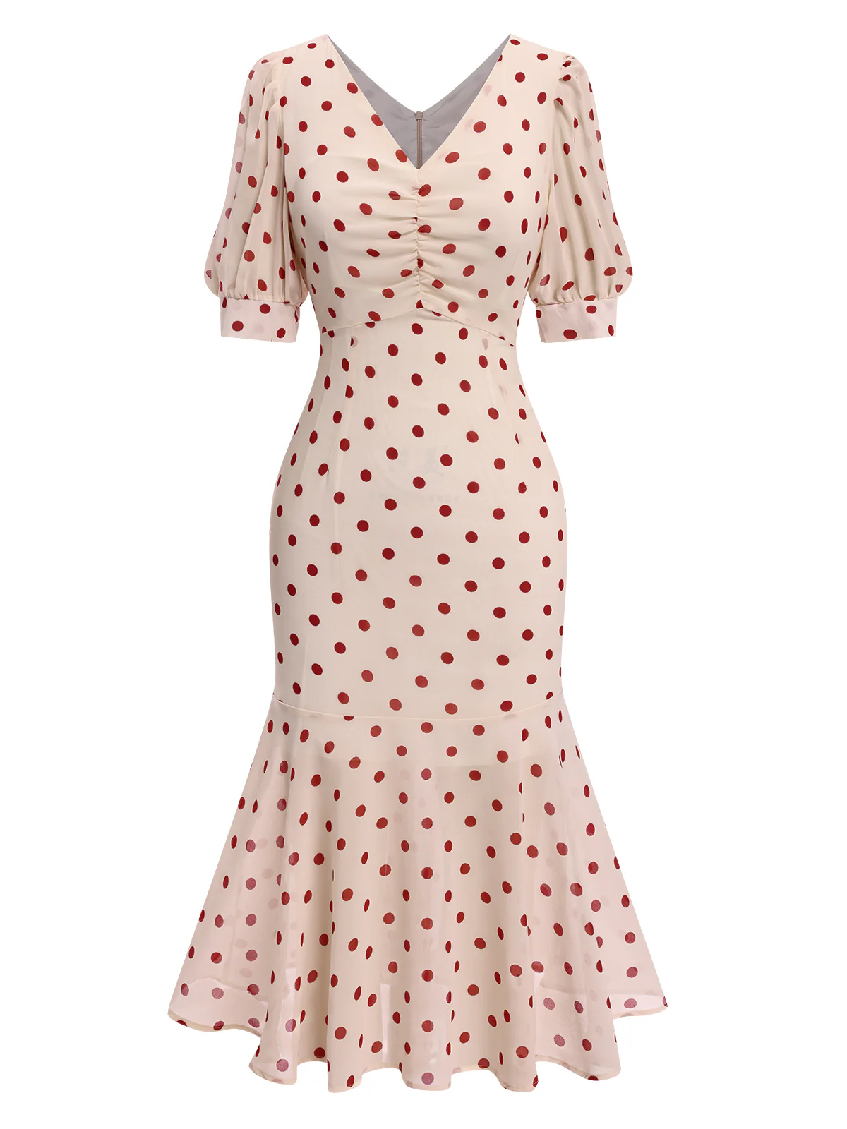 Beige 1930s Polka Dot Mermaid Dress - Image 2