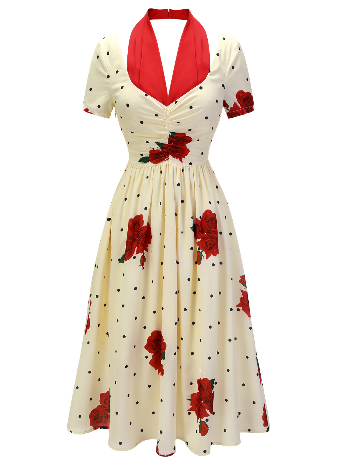 Beige 1930s Polka Dot Rose Patchwork Dress - Image 2