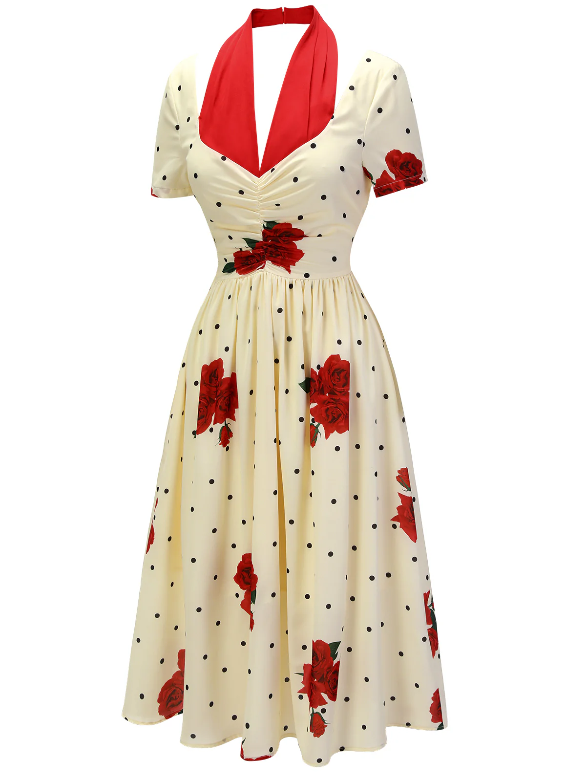 Beige 1930s Polka Dot Rose Patchwork Dress - Image 3