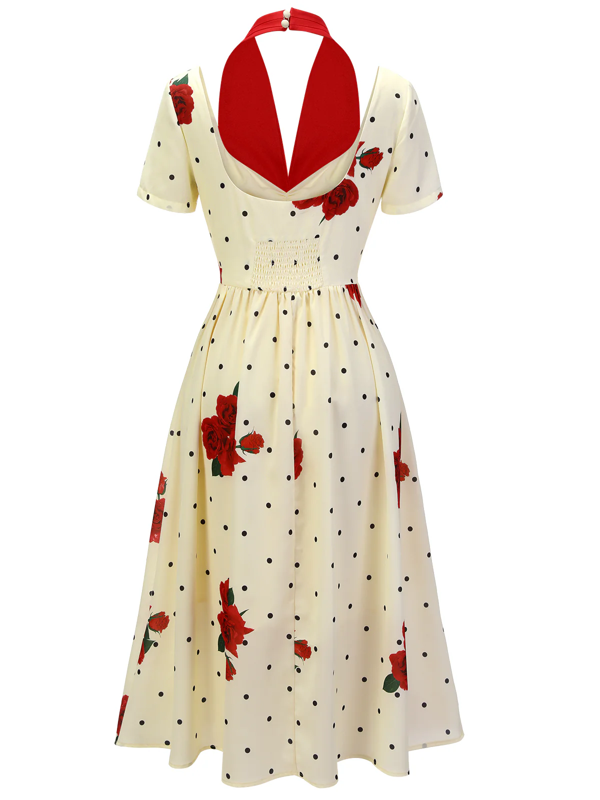 Beige 1930s Polka Dot Rose Patchwork Dress - Image 4