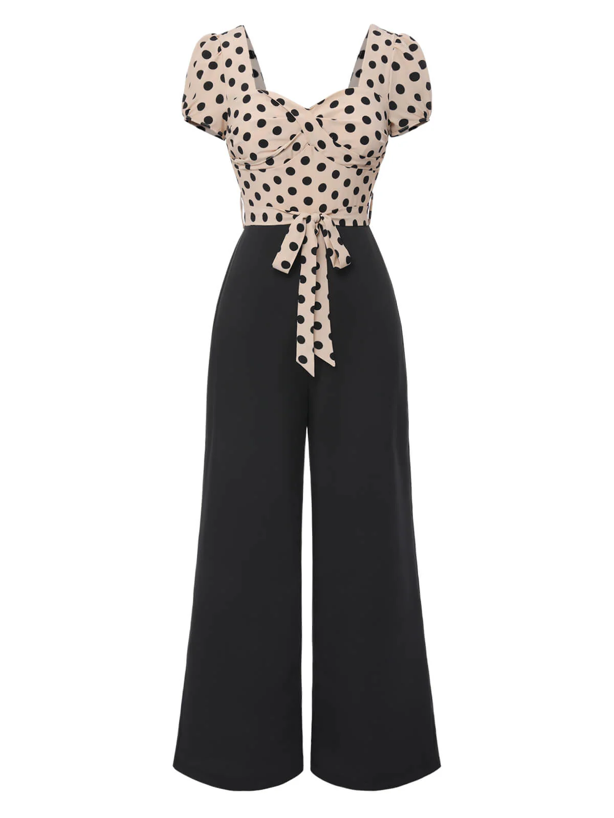 Beige 1930s Polka Dots Sweetheart Neck Jumpsuit - Image 2
