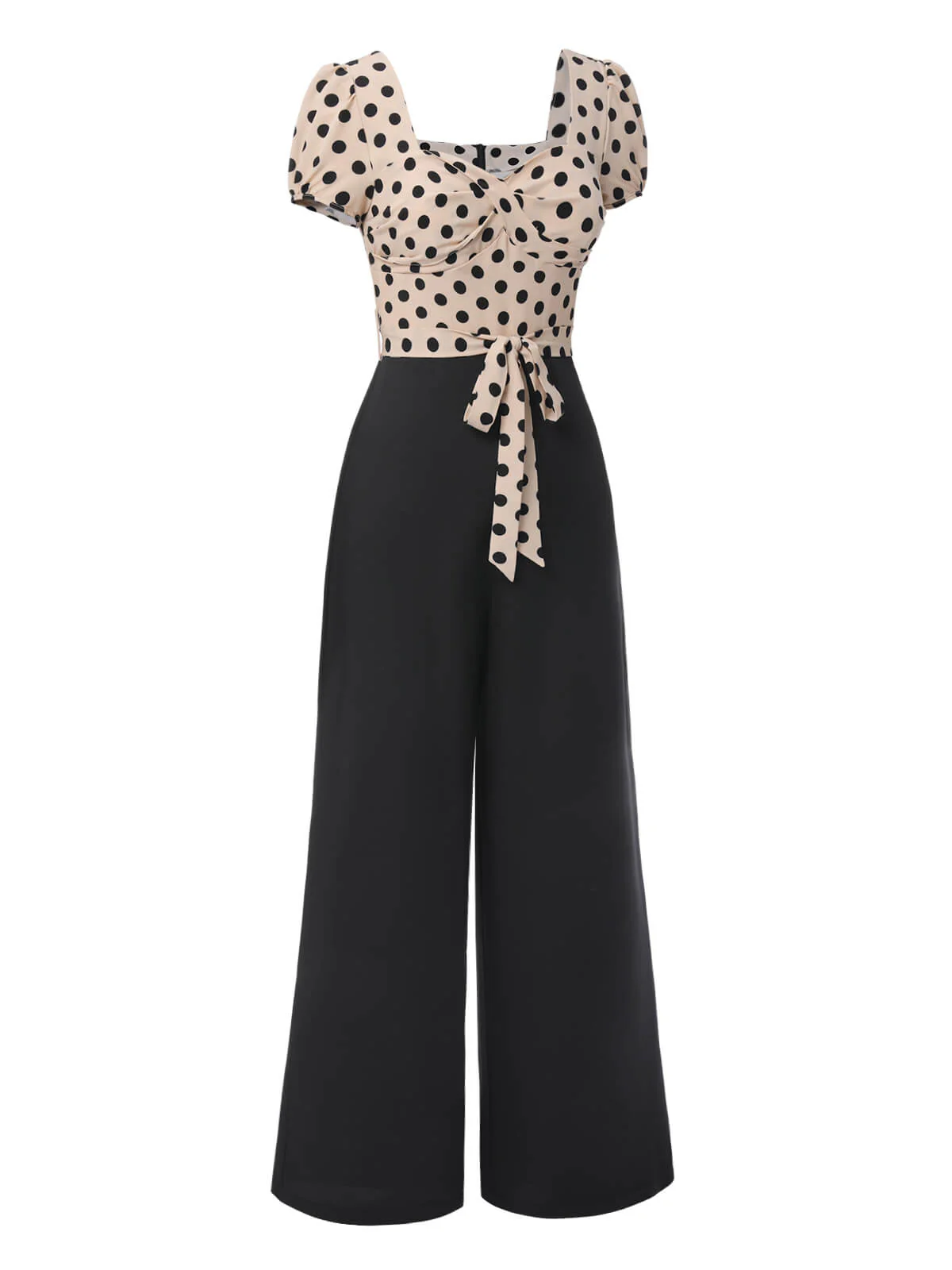 Beige 1930s Polka Dots Sweetheart Neck Jumpsuit - Image 3