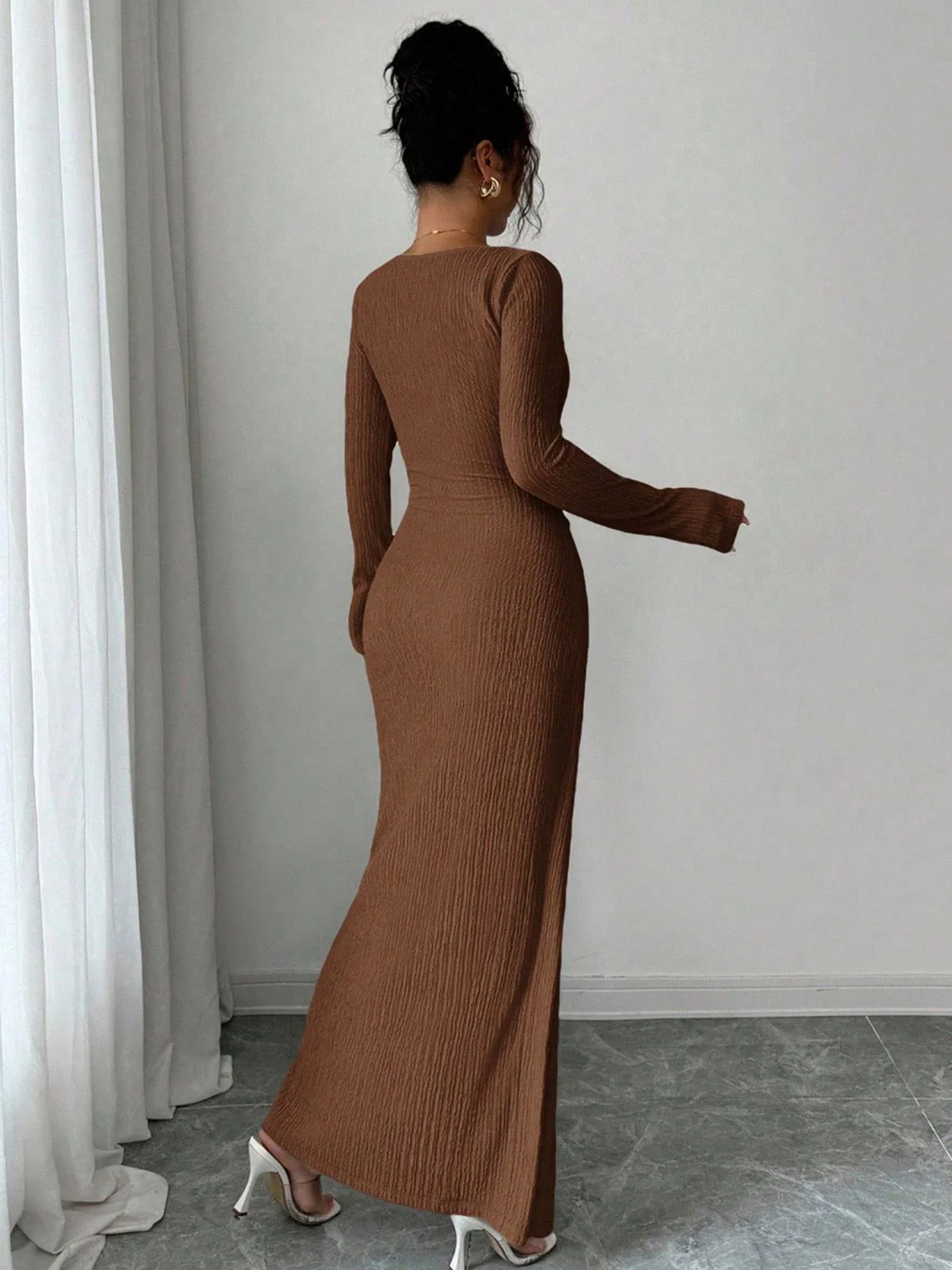 Beige 1930s Ribbed Long Sleeve Split Dress - Image 11