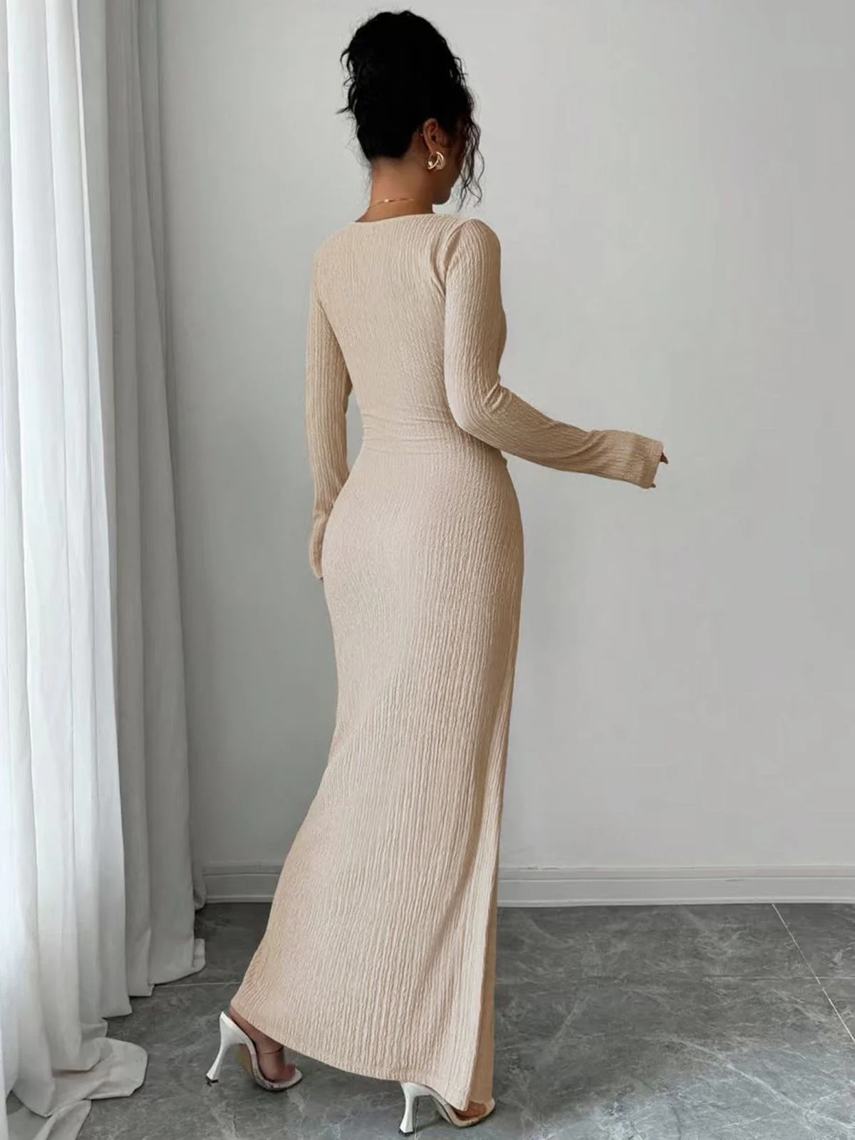 Beige 1930s Ribbed Long Sleeve Split Dress - Image 2