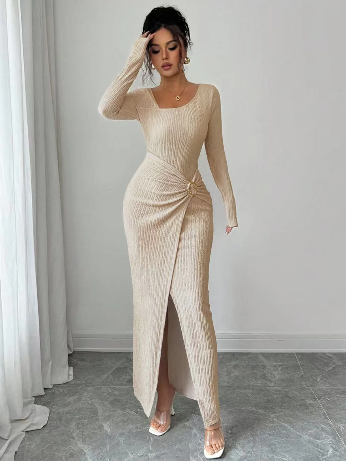 Beige 1930s Ribbed Long Sleeve Split Dress - Image 3