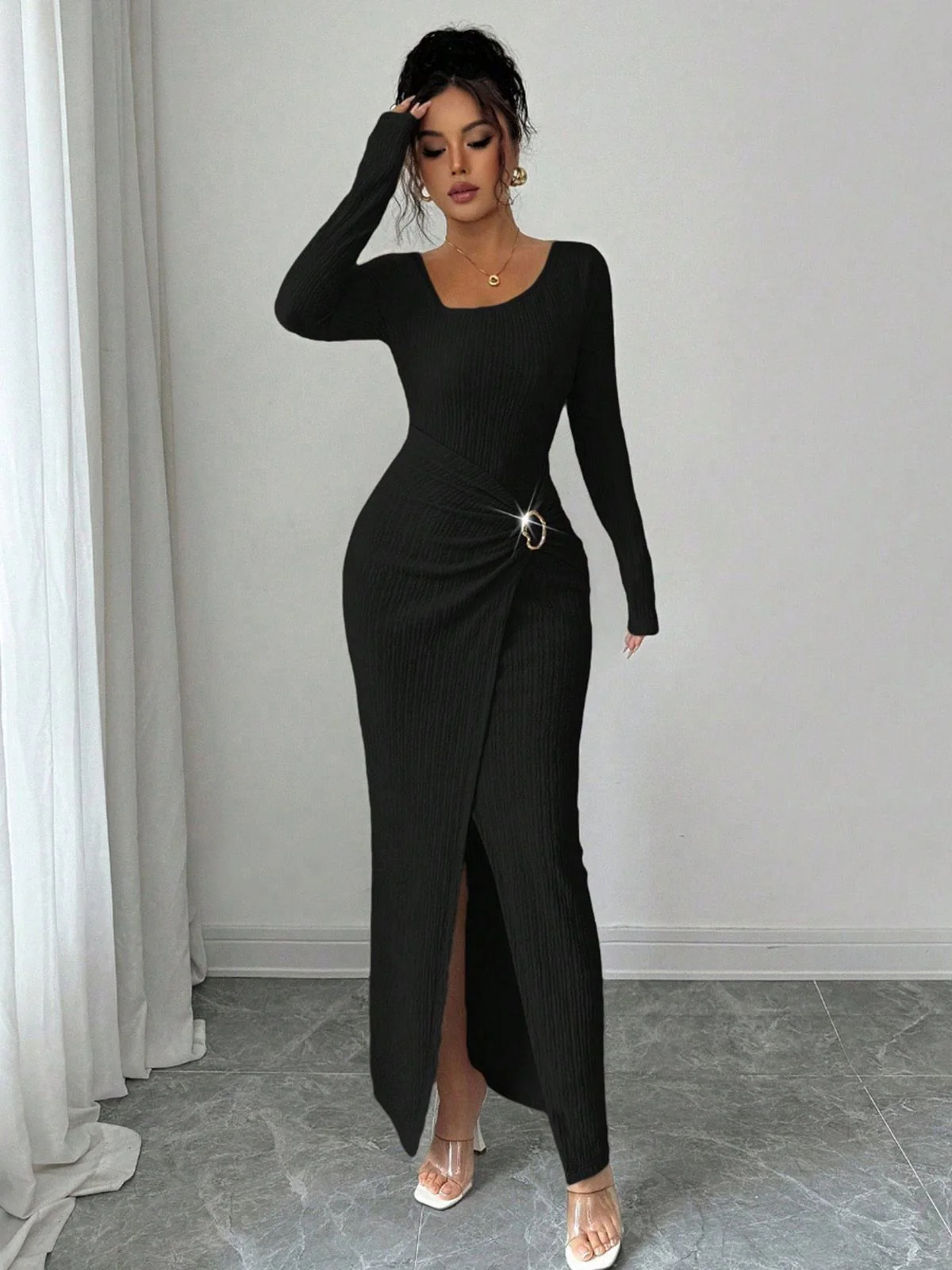 Beige 1930s Ribbed Long Sleeve Split Dress - Image 5