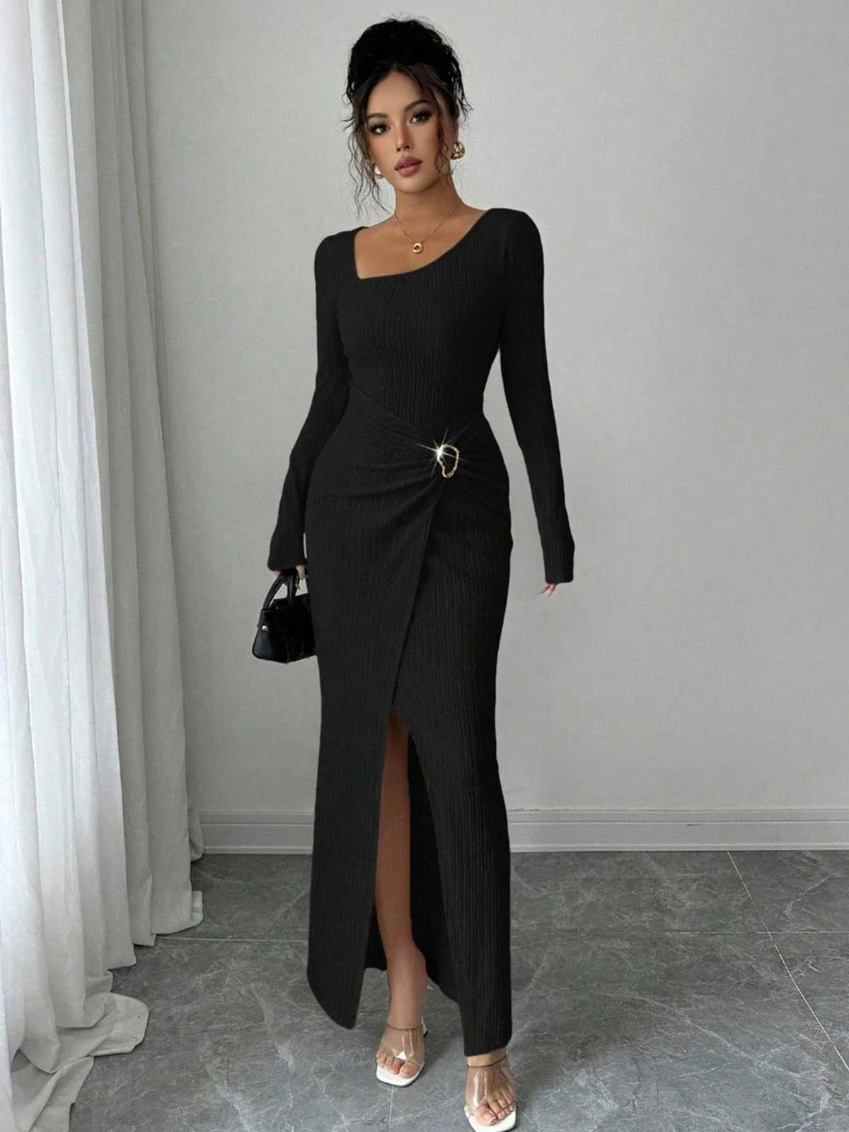 Beige 1930s Ribbed Long Sleeve Split Dress - Image 7
