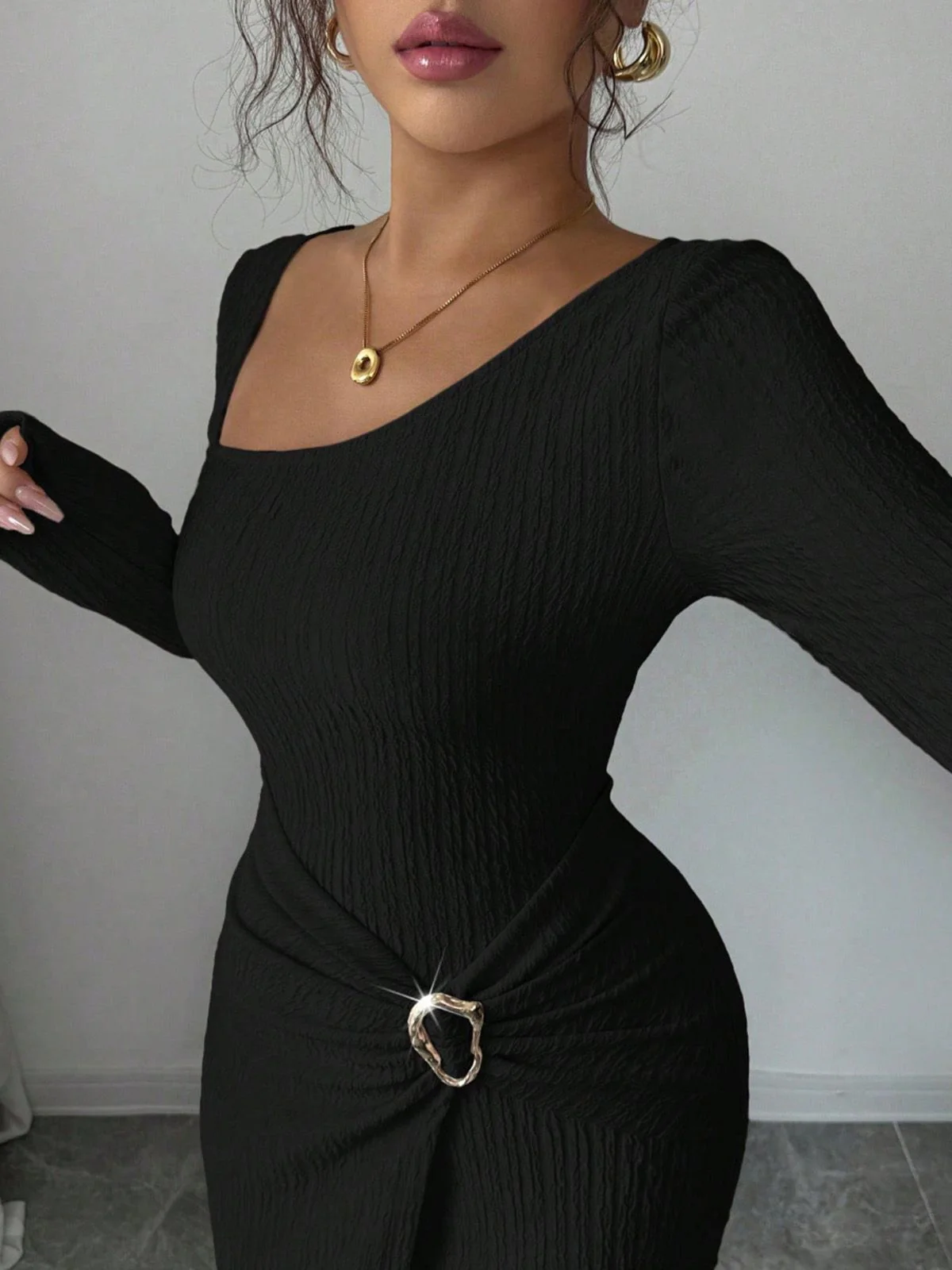 Beige 1930s Ribbed Long Sleeve Split Dress - Image 9