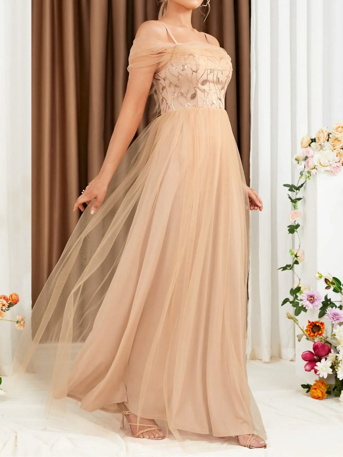 Beige 1930s Sequin Mesh Patchwork Cold-Shoulder Dress - Image 2