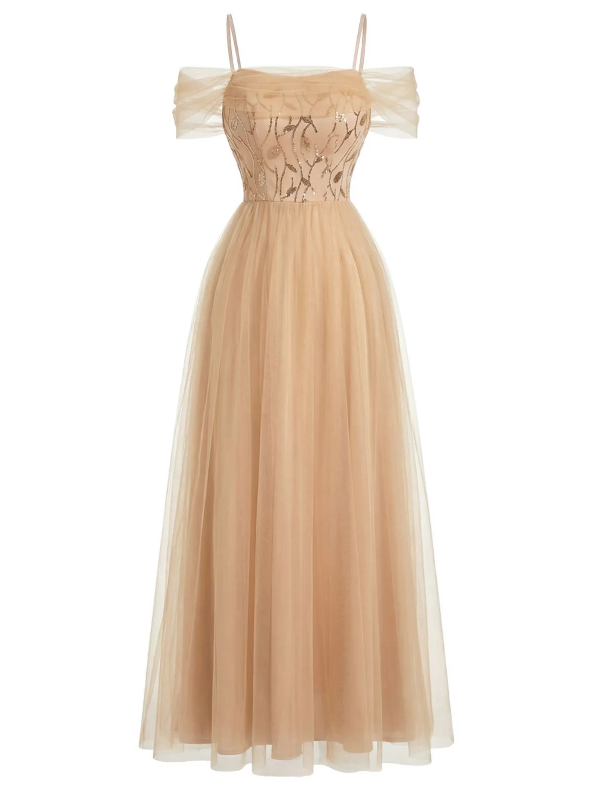 Beige 1930s Sequin Mesh Patchwork Cold-Shoulder Dress - Image 3