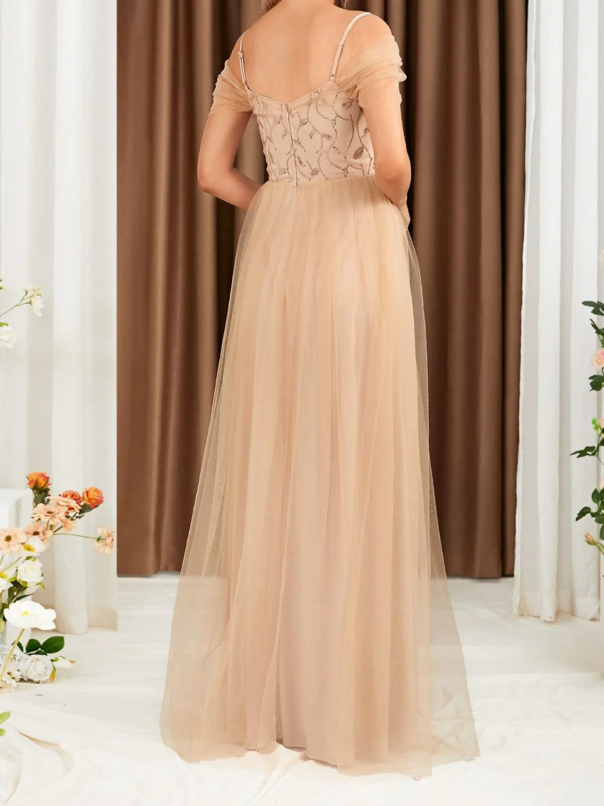 Beige 1930s Sequin Mesh Patchwork Cold-Shoulder Dress - Image 4