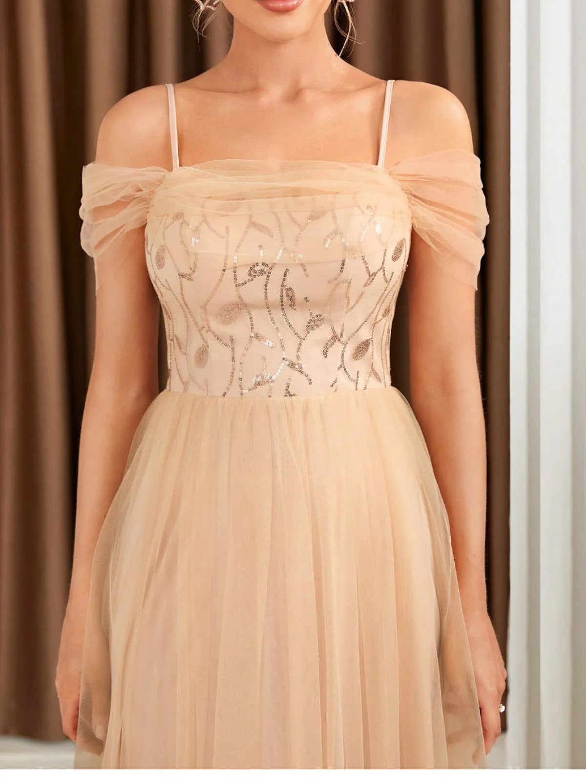 Beige 1930s Sequin Mesh Patchwork Cold-Shoulder Dress - Image 5