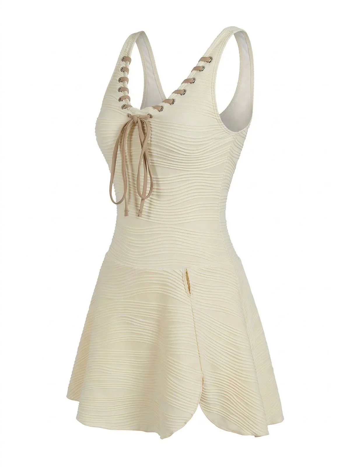 Beige 1930s Solid Lace-Up Swim Dress - Image 2