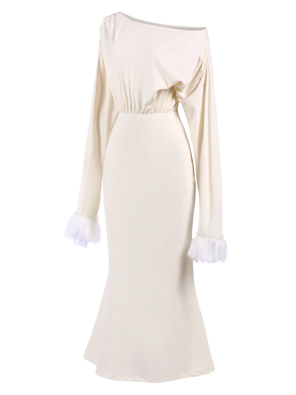Beige 1930s Solid Plush Cuff Mermaid Dress - Image 2