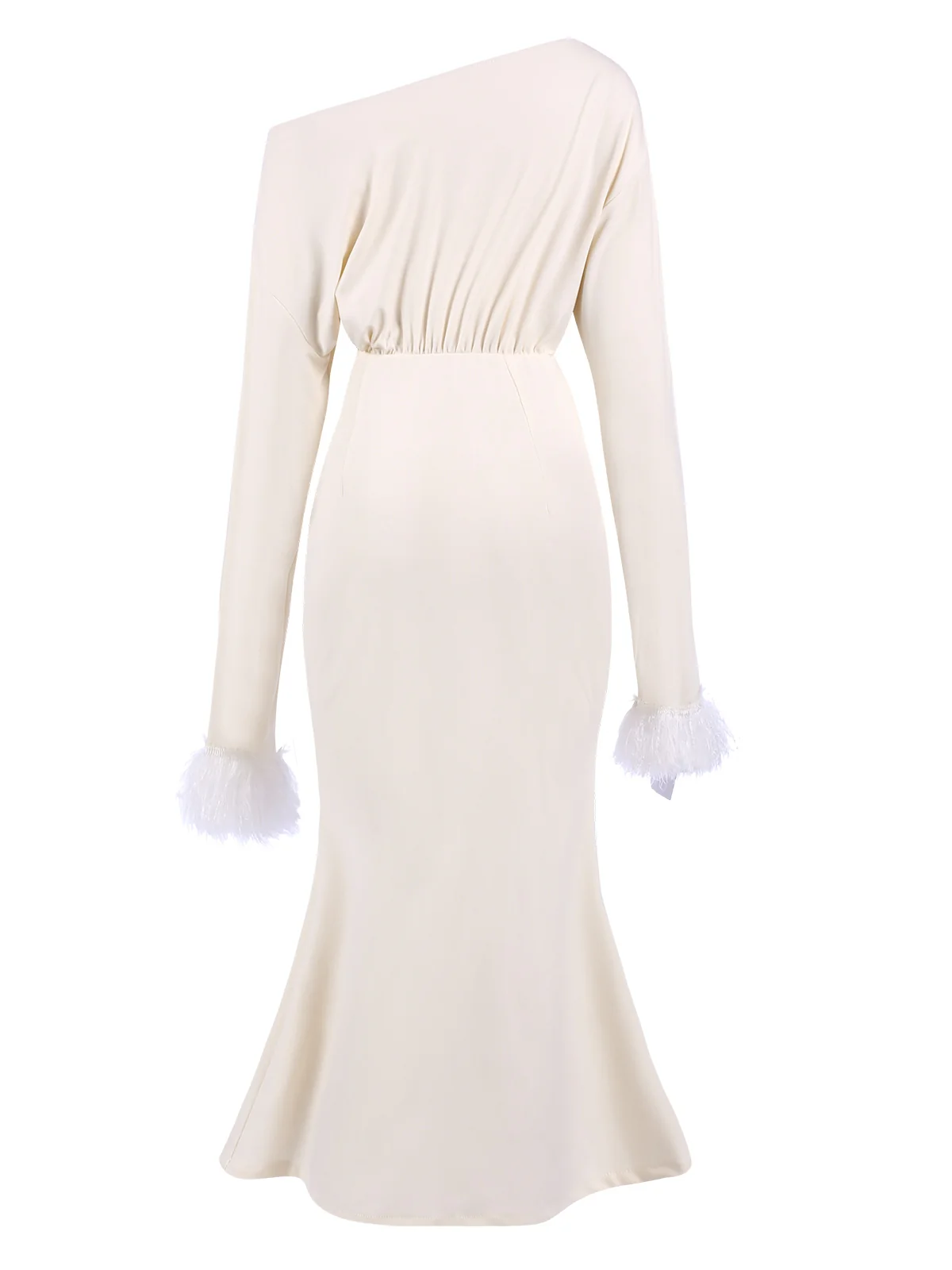 Beige 1930s Solid Plush Cuff Mermaid Dress - Image 3