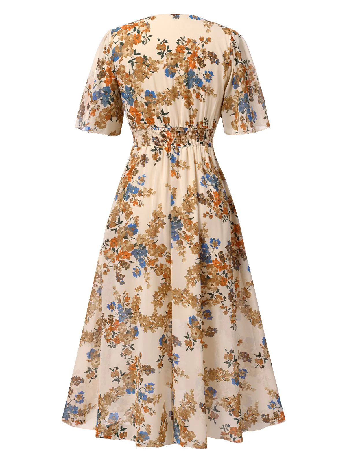 Beige 1930s V-Neck Floral Elastic Waist Dress - Image 3