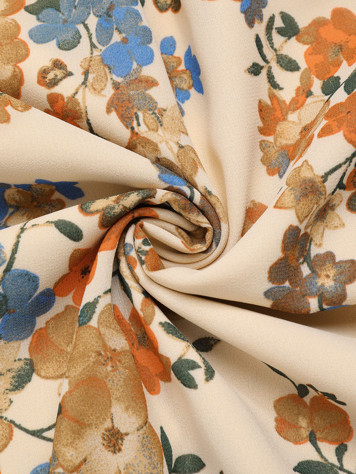 Beige 1930s V-Neck Floral Elastic Waist Dress - Image 4