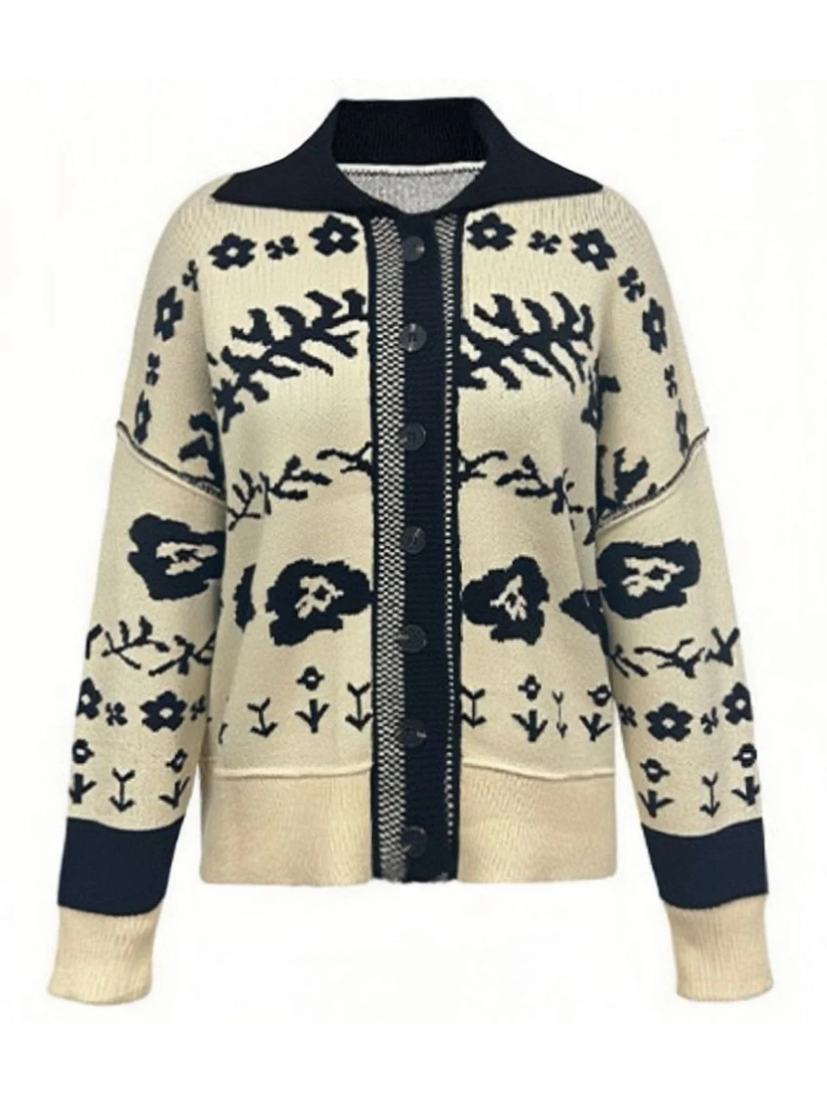 Beige 1940s Floral Drop Shoulder Knit Cardigan - Image 2
