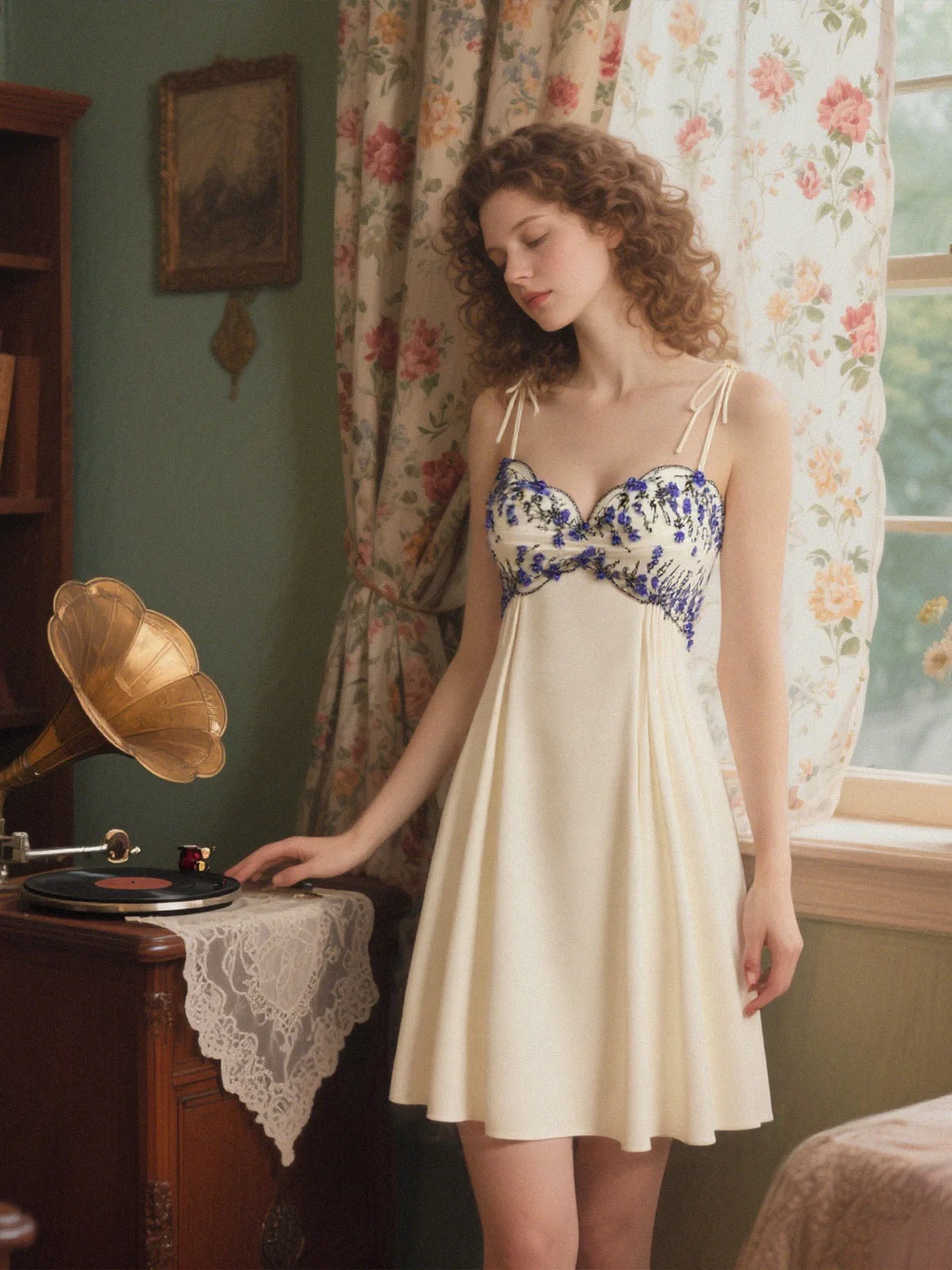 Beige 1940s Floral Embroidered Spaghetti Straps Nightgown - Image 5