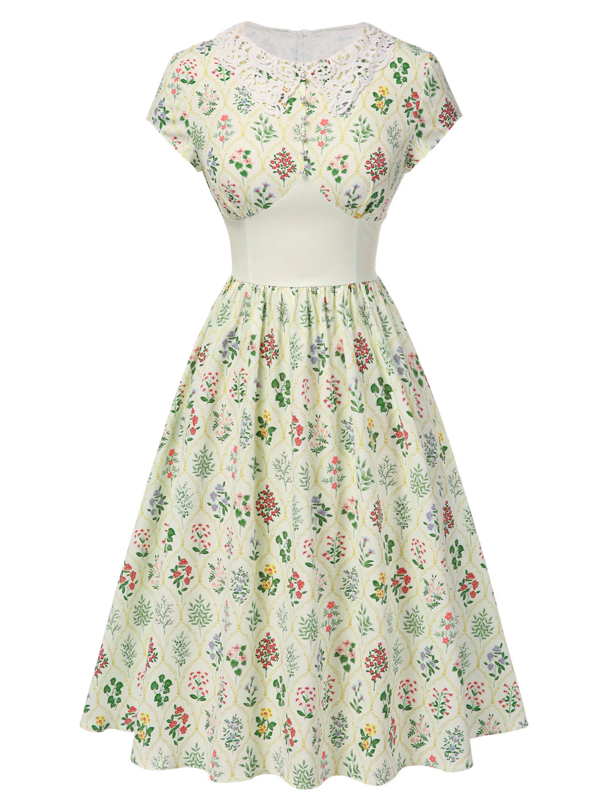 Beige 1940s Floral Lace Collar Cap Sleeve Dress - Image 2