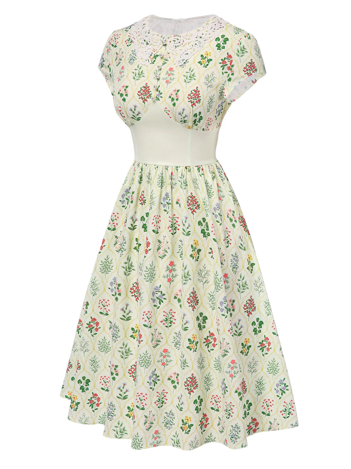 Beige 1940s Floral Lace Collar Cap Sleeve Dress - Image 3