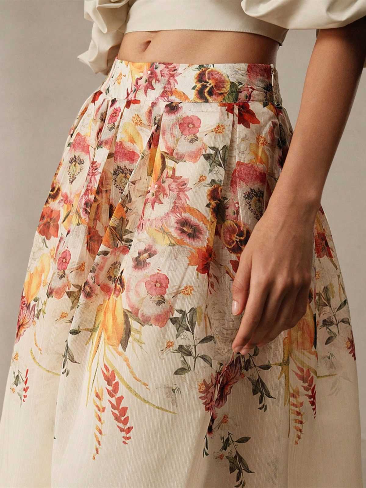 Beige 1940s Floral Mesh Patchwork Skirt - Image 3
