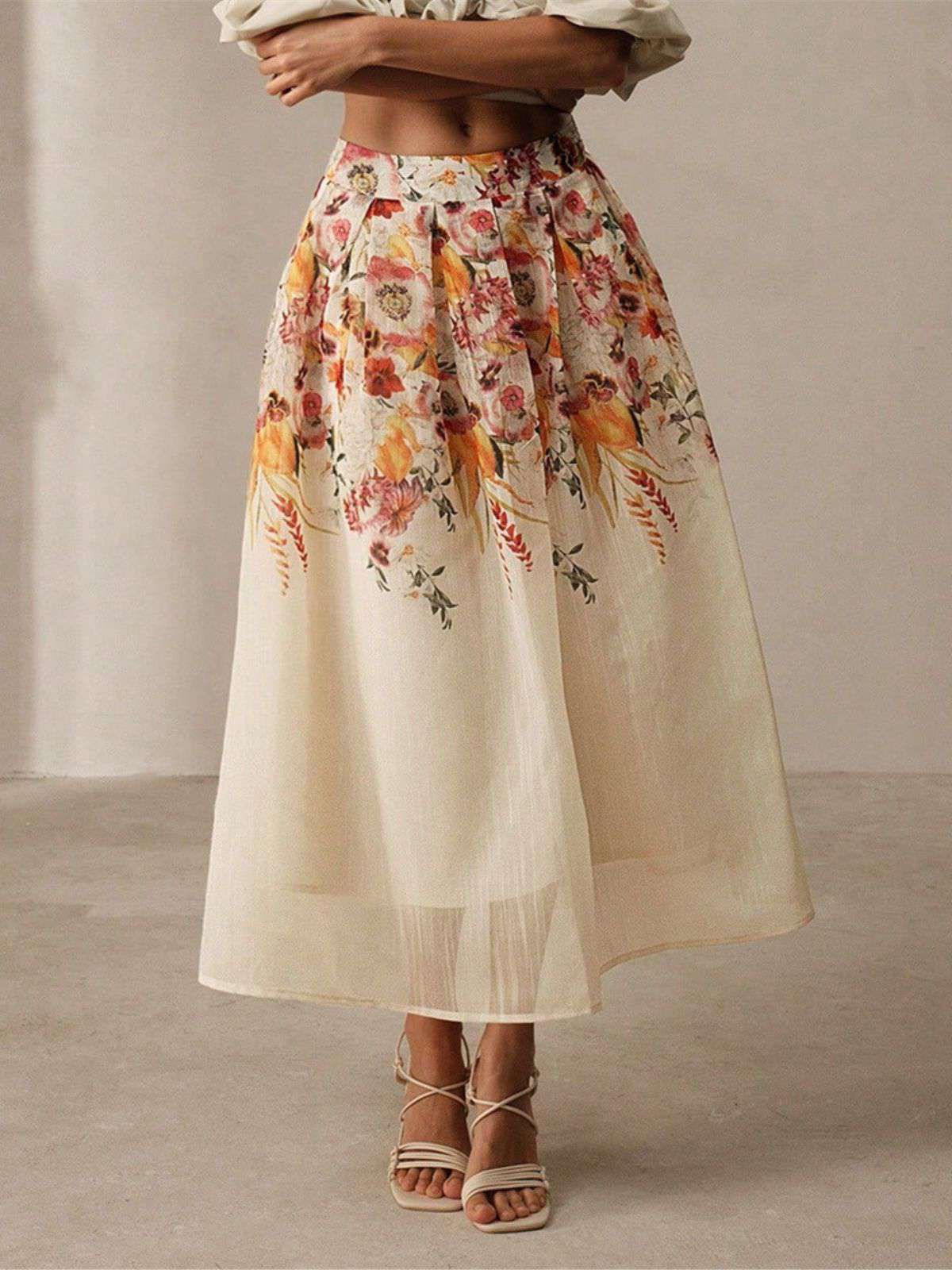 Beige 1940s Floral Mesh Patchwork Skirt - Image 4