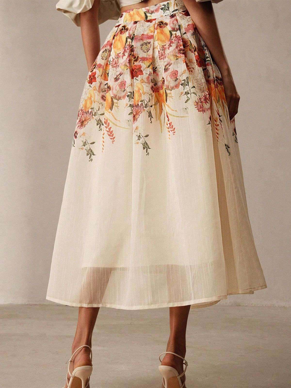 Beige 1940s Floral Mesh Patchwork Skirt - Image 5