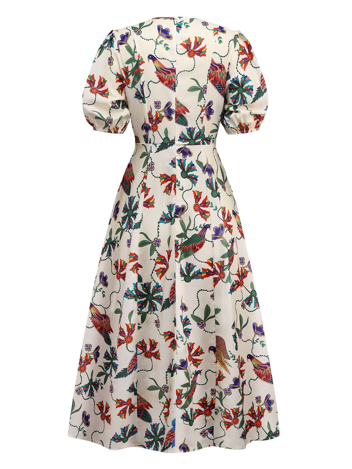 Beige 1940s Flowers & Birds Print Puff Sleeves Dress - Image 2