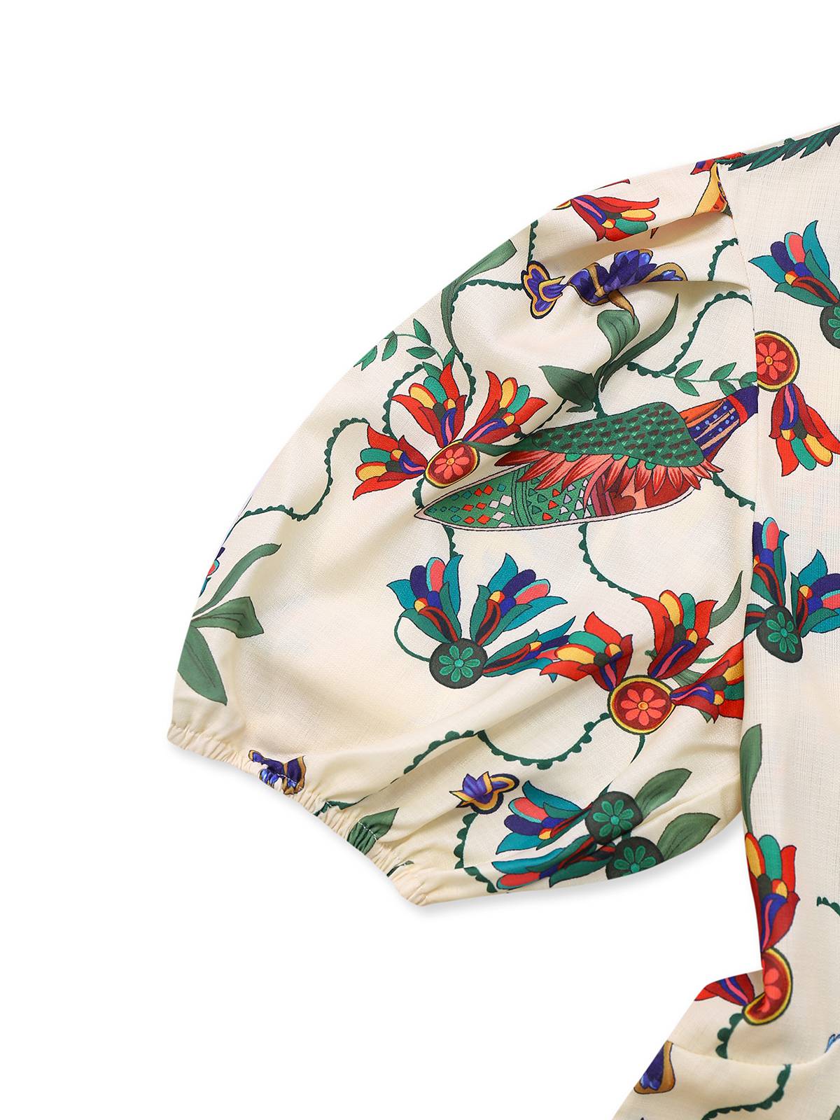 Beige 1940s Flowers & Birds Print Puff Sleeves Dress - Image 4