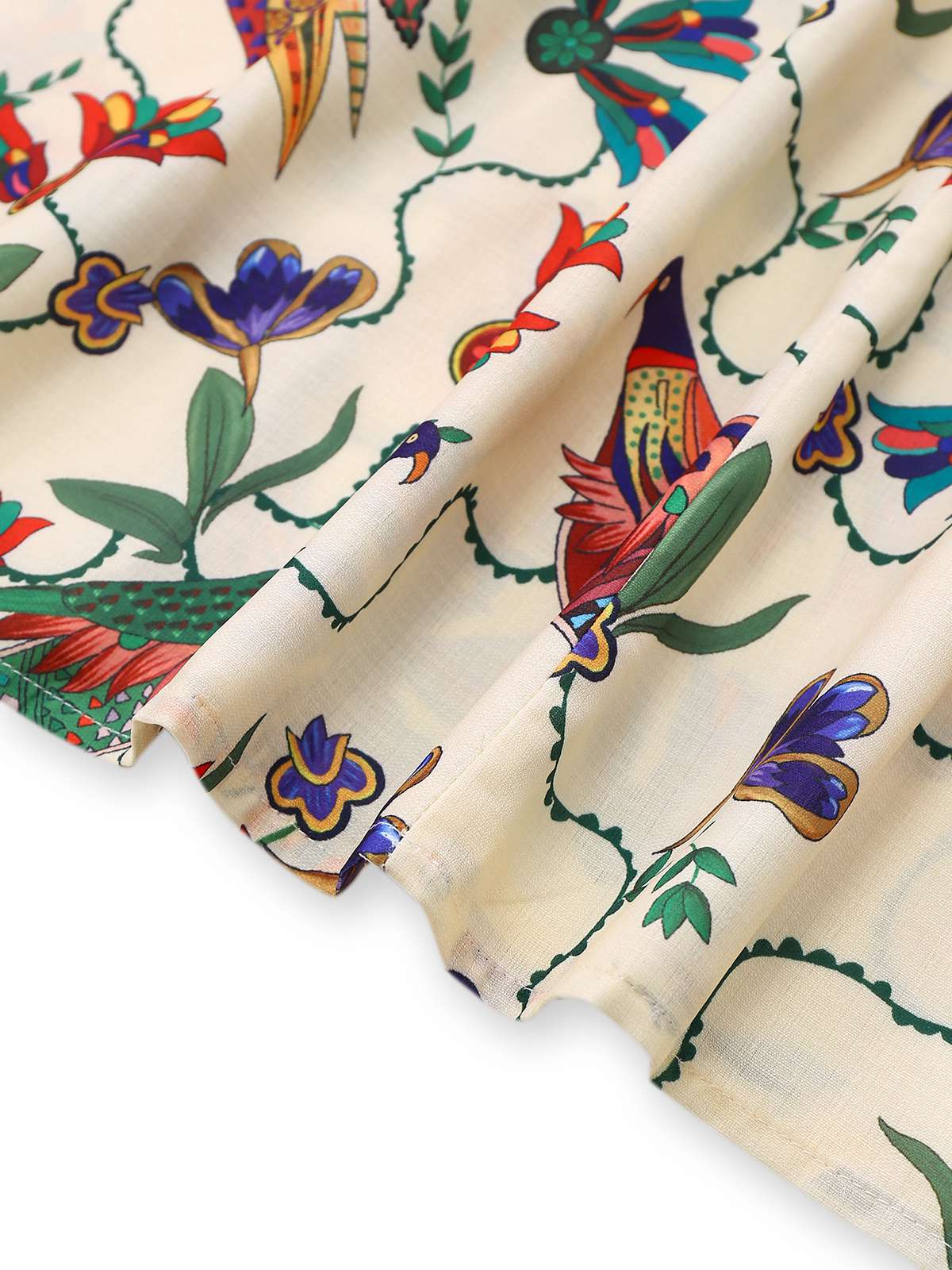 Beige 1940s Flowers & Birds Print Puff Sleeves Dress - Image 5