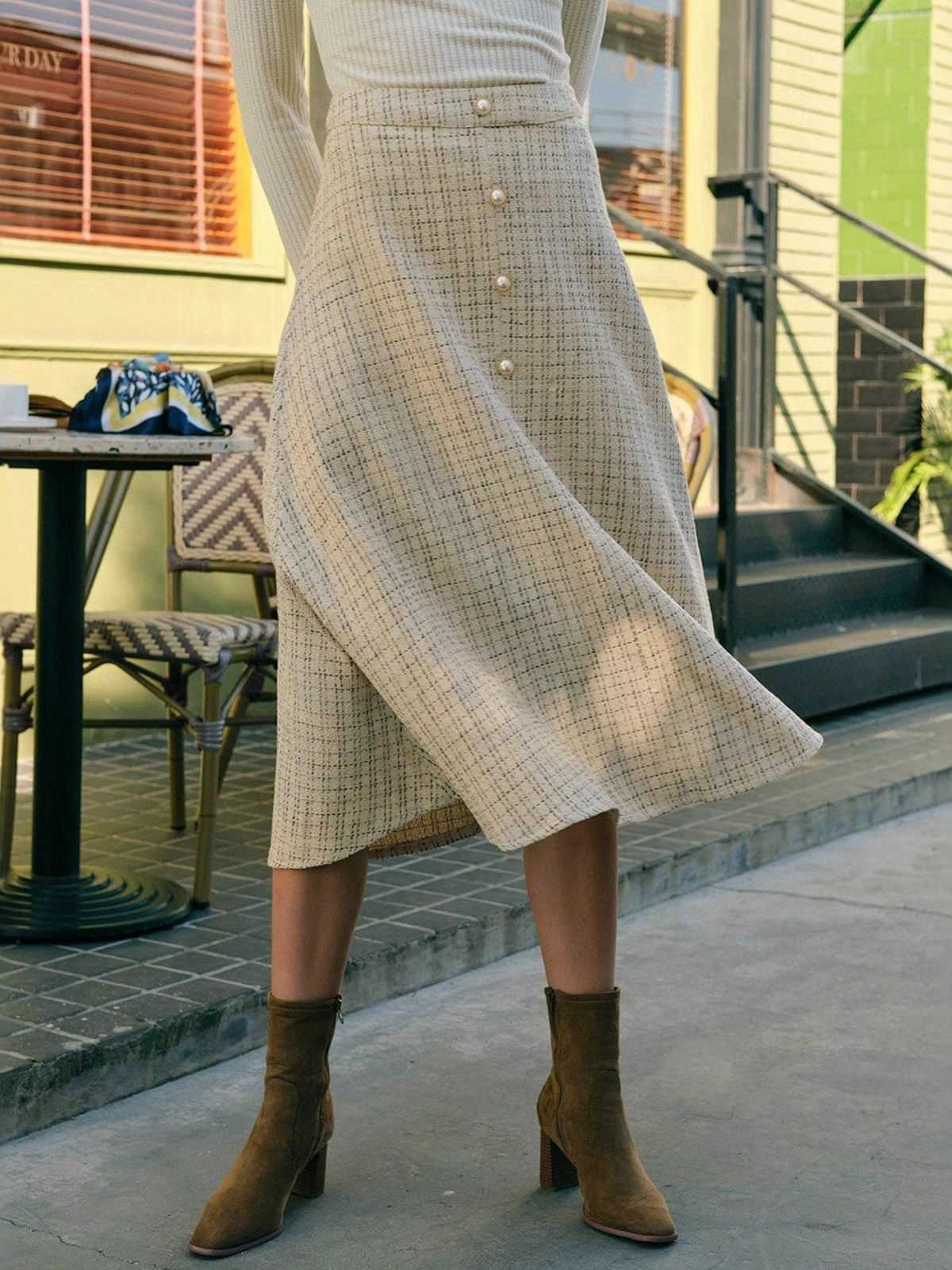 Beige 1940s Pearl Button Plaid Tweed A-Line Skirt - Image 3
