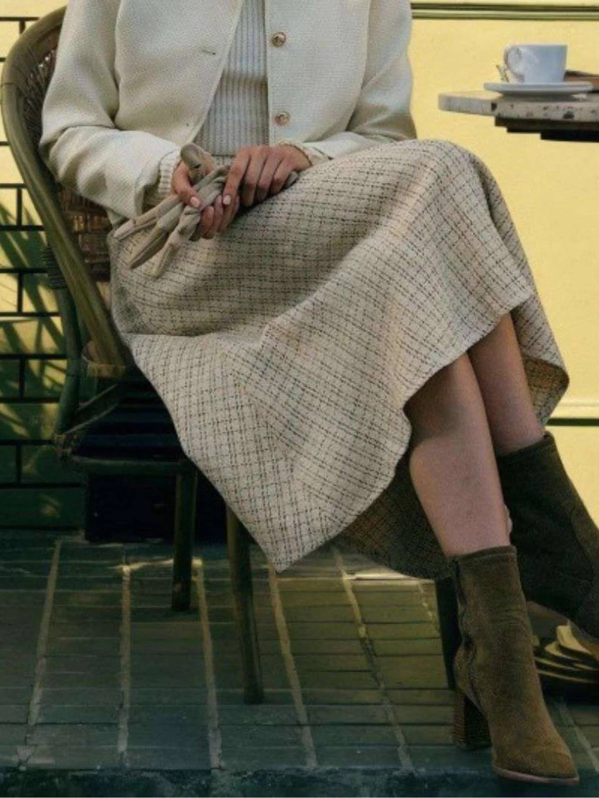 Beige 1940s Pearl Button Plaid Tweed A-Line Skirt - Image 4