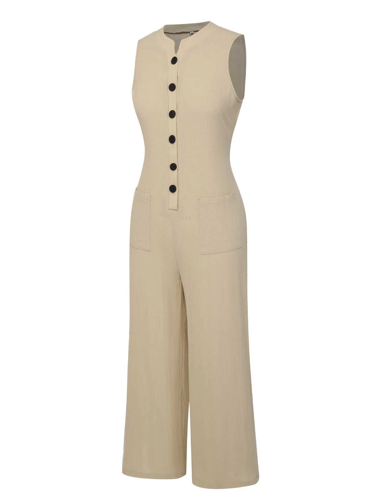Beige 1940s Pockets Solid Sleeveless Jumpsuit - Image 2