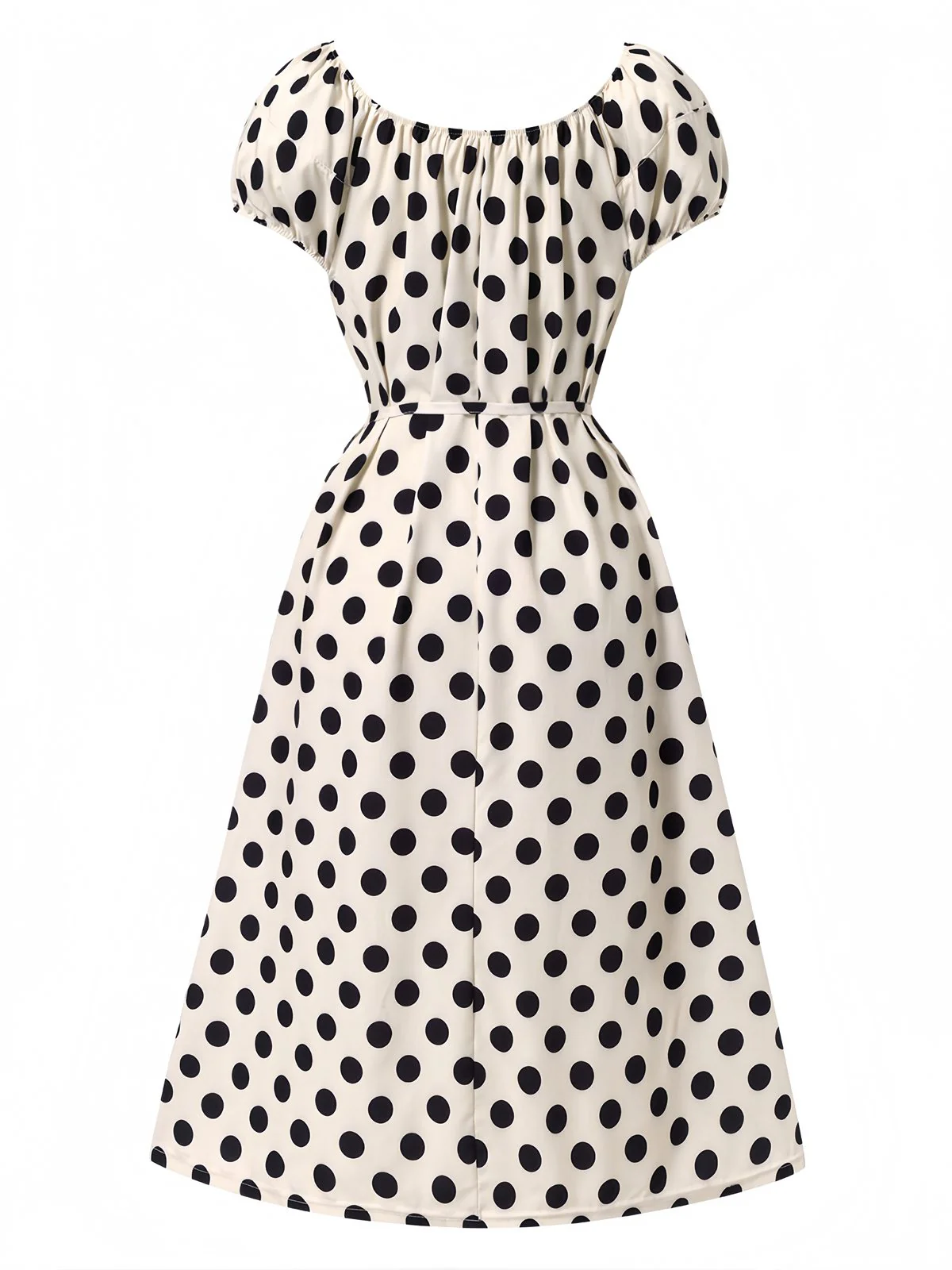 Beige 1940s Polka Dot Puff Sleeves Dress - Image 2