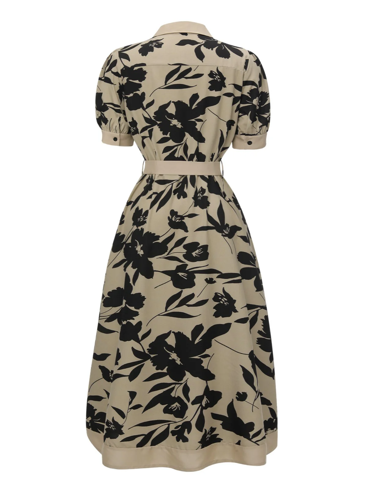 Beige 1940s Shirt-Collar Buttons Floral Printed Dress - Image 2