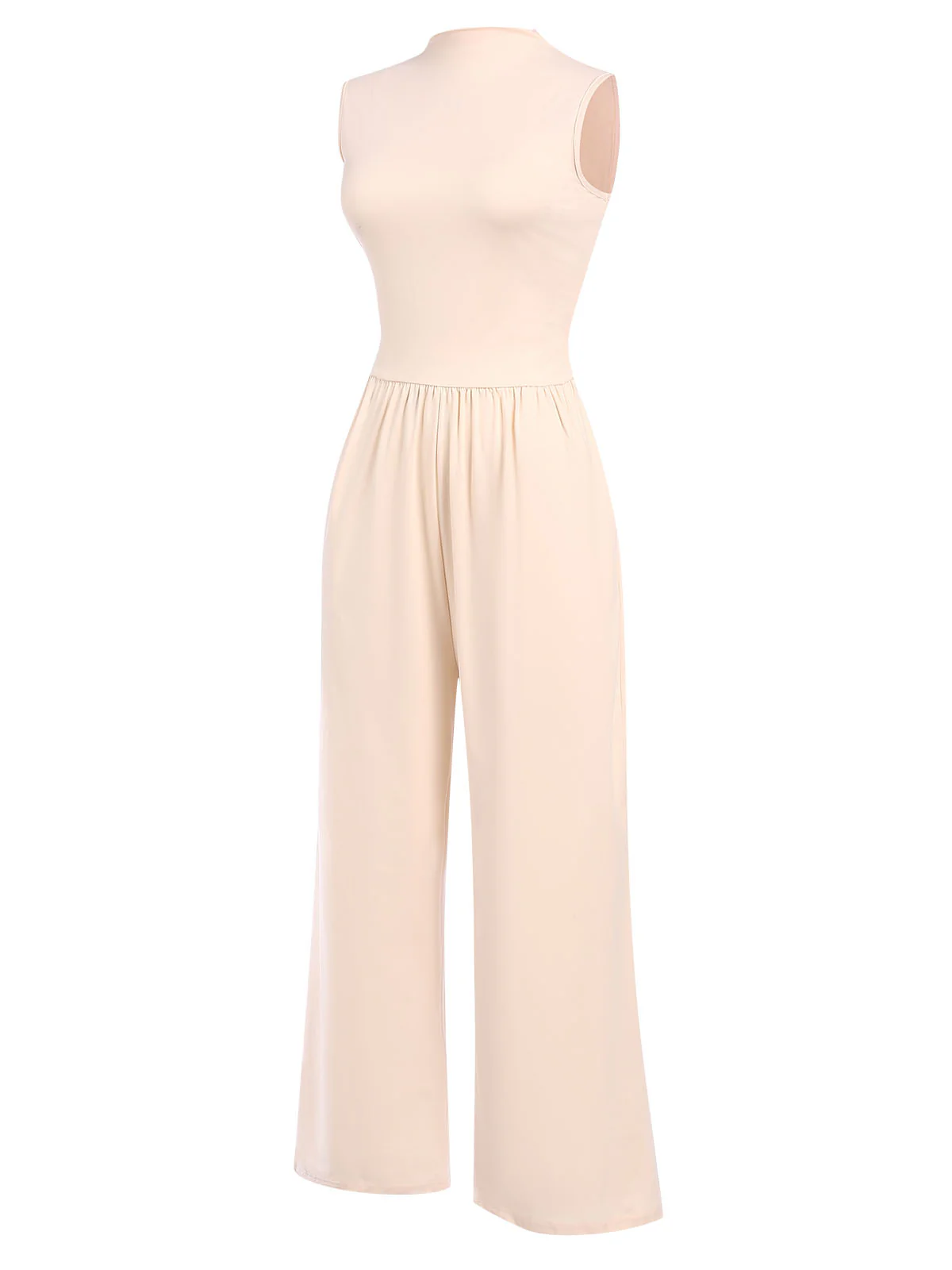 Beige 1940s Solid High Neck Jumpsuit - Image 3