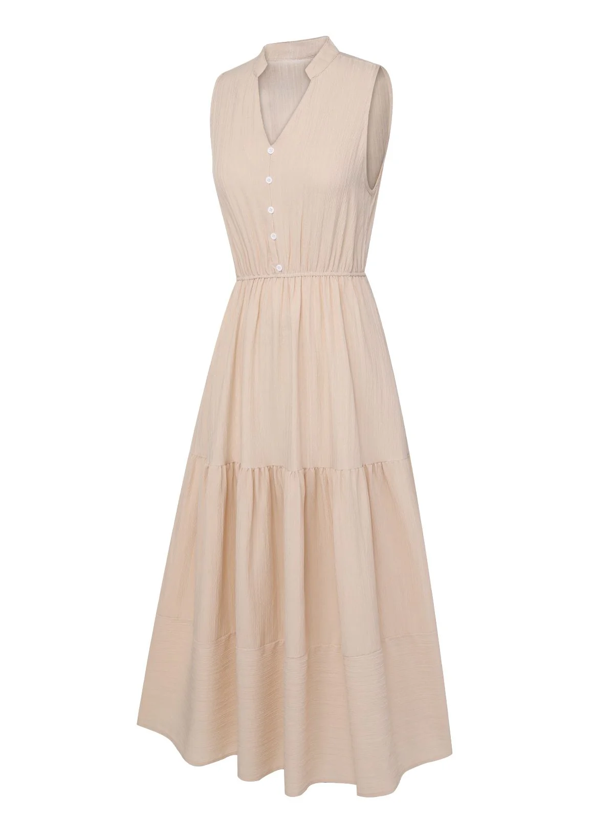 Beige 1940s Solid Stand Collar V-Neck Dress - Image 2