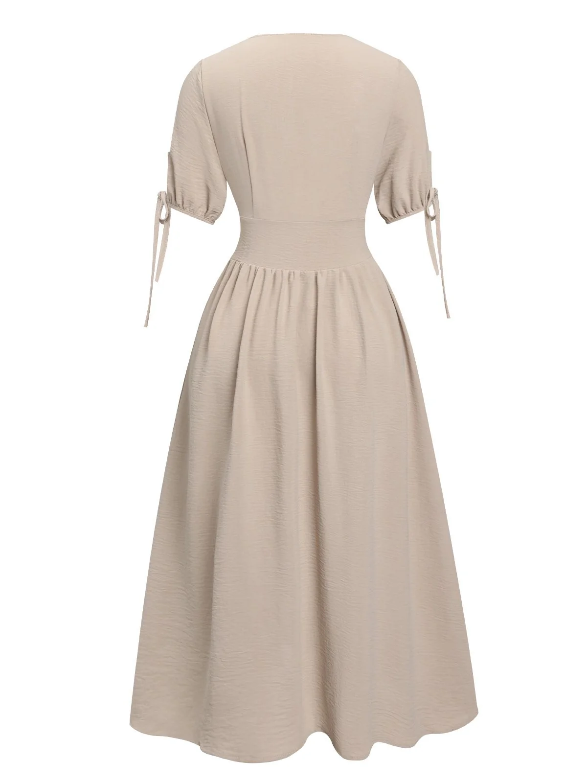 Beige 1940s Solid V-Neck Buttons Dress - Image 2