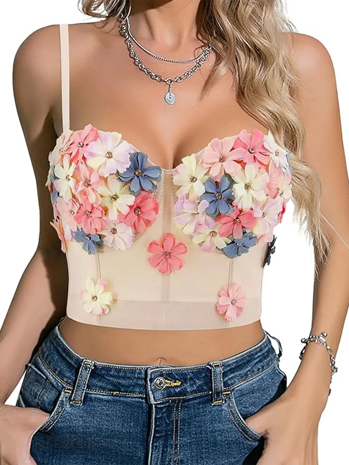 Beige 1950s 3D Floral Boned Corset - Image 4