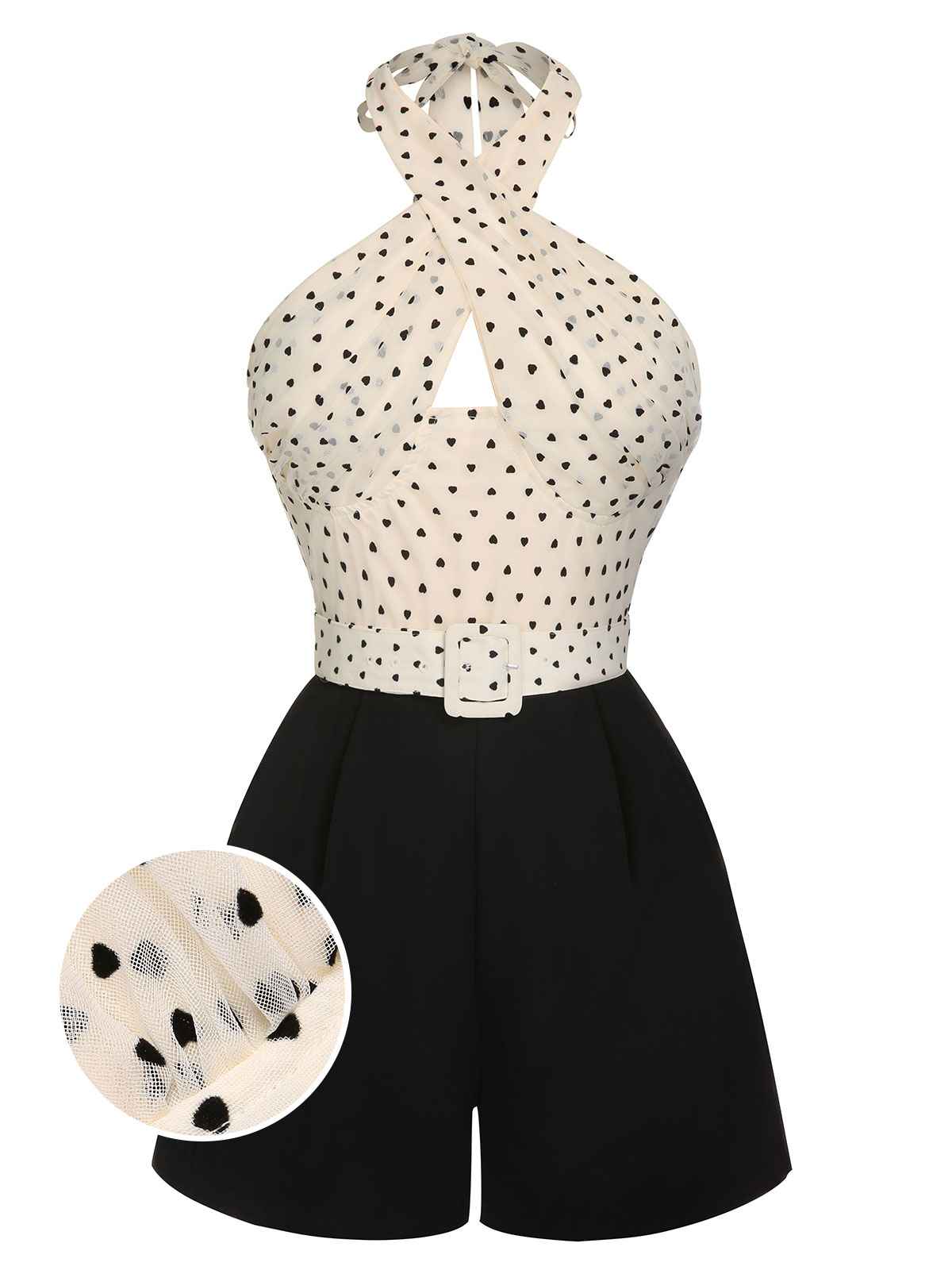 Beige 1950s 3D Heart Halter Patchwork Romper - Image 2