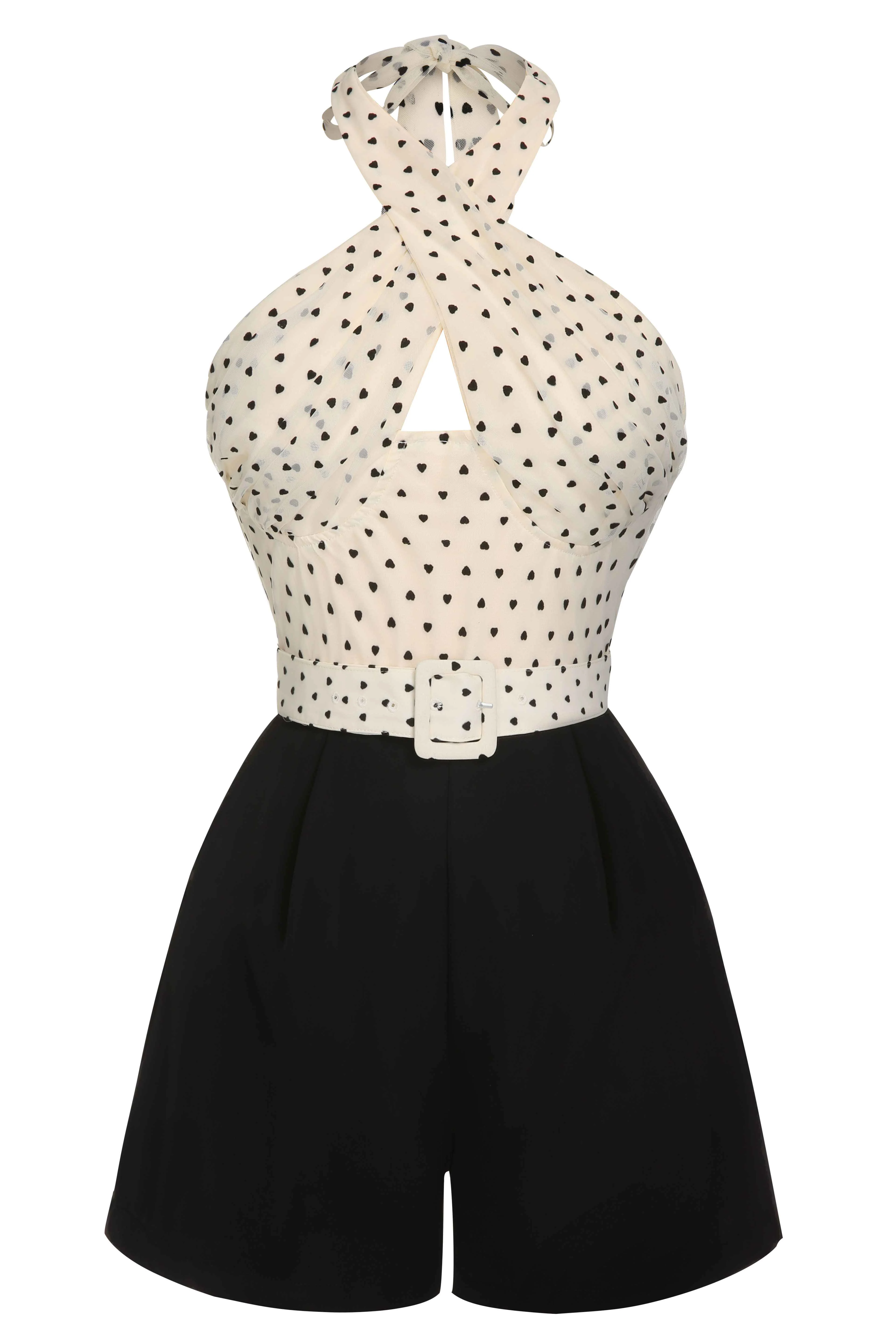 Beige 1950s 3D Heart Halter Patchwork Romper - Image 3