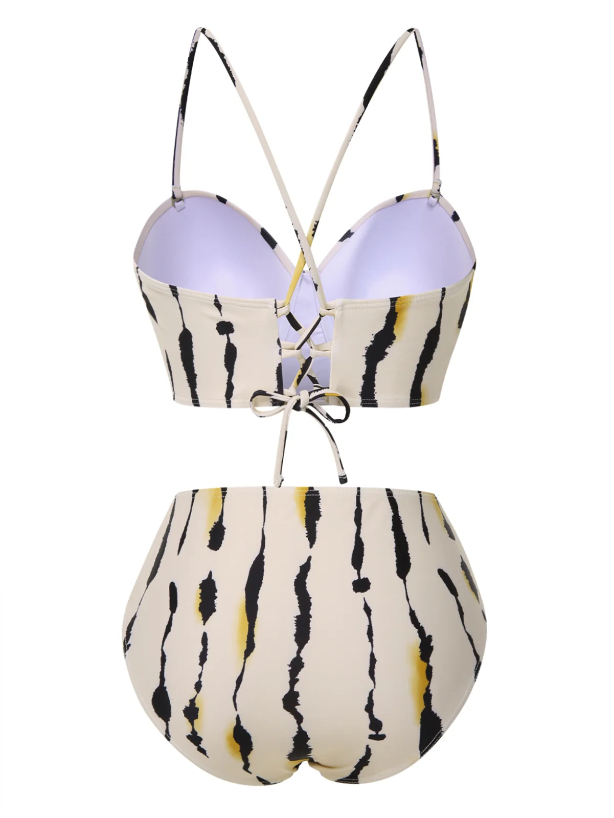 Beige 1950s Back Cross Straps Ink Splash Swimsuit - Image 2